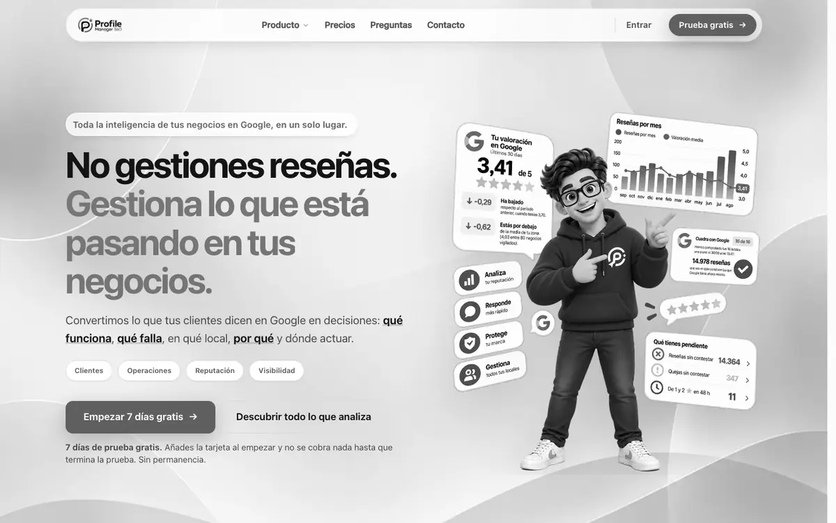 Portada de profilemanager360.com: «No gestiones reseñas. Gestiona lo que está pasando en tus negocios»