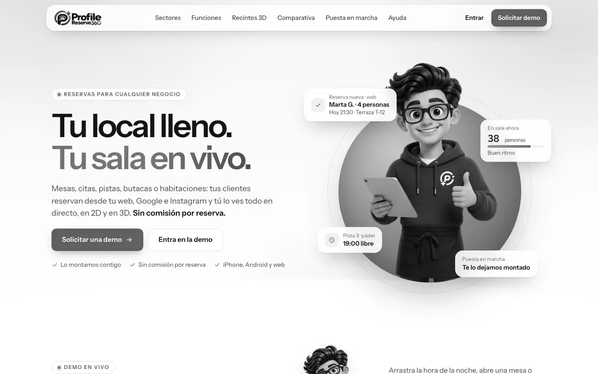 Portada de profilereserve360.com: «Tu local lleno. Tu sala en vivo»